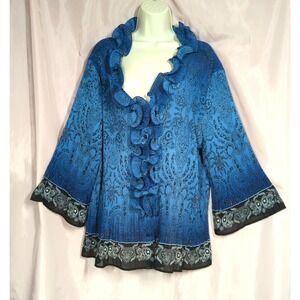 DRESSBARN Women Blouse Top 2X Button Up 3/4 Sleeve Semi Sheer Blue Elegant Chic